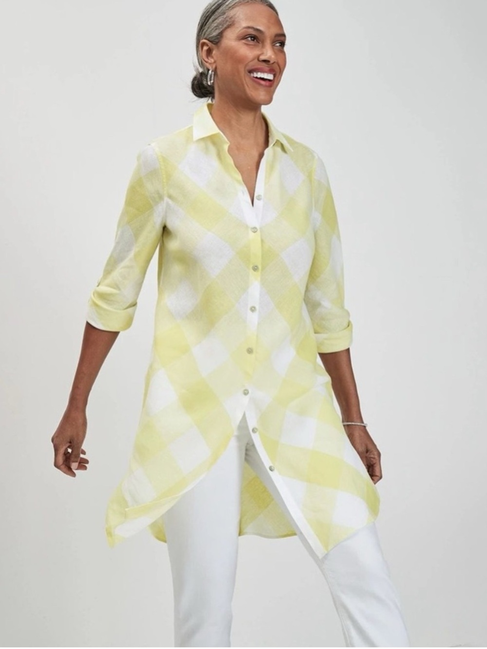 Chico’s No Iron Linen Gingham Check Plaid Shirt Dress Tunic | Yellow | 0 (US 4)